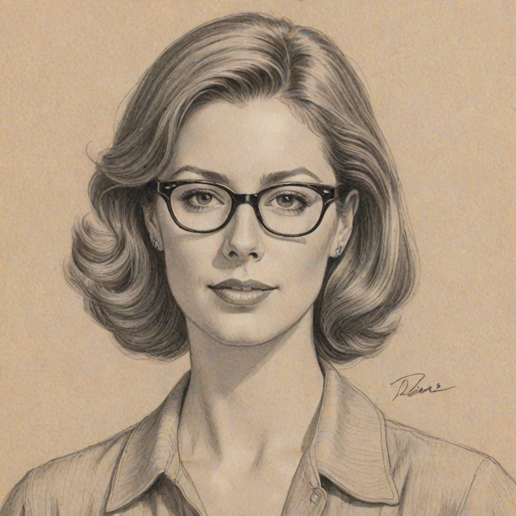 Dazzling Diane Neal, pencil sketch, portrait of Attractive woman 1932s in glasses, hair style beatnik, outline, clear lines, fine lines, 8k