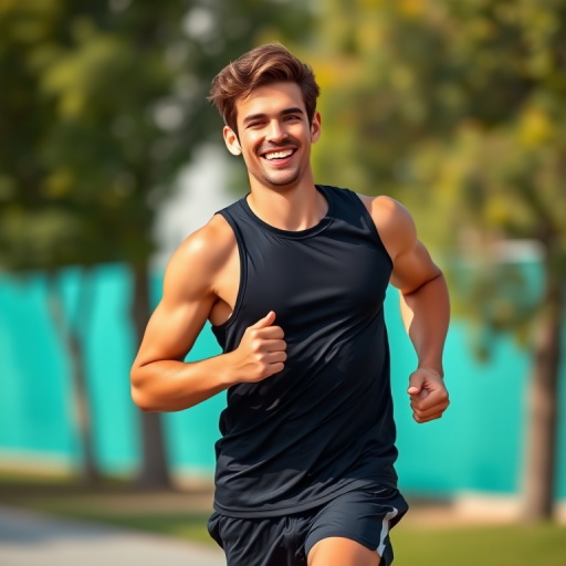 generate an image of a young man jogging with a cheerful expression, wearing a sleeveless black top and shorts, a bright turquoise background, use a Canon EOS R5 with 50mm f/1.8 lens, aperture set to f/4, shutter speed 1/250, ISO 100, with a soft focus effect for added depth.