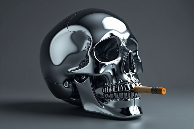 Create a hyper-realistic 3D rendering of a shiny chrome skull with a cigarette in its mouth, using a Canon EOS R5, 50mm lens, aperture f/1.8, ISO 100, 1/200s shutter speed, soft lighting from a single source to create dramatic shadows, and a neutral gray background to enhance contrast.