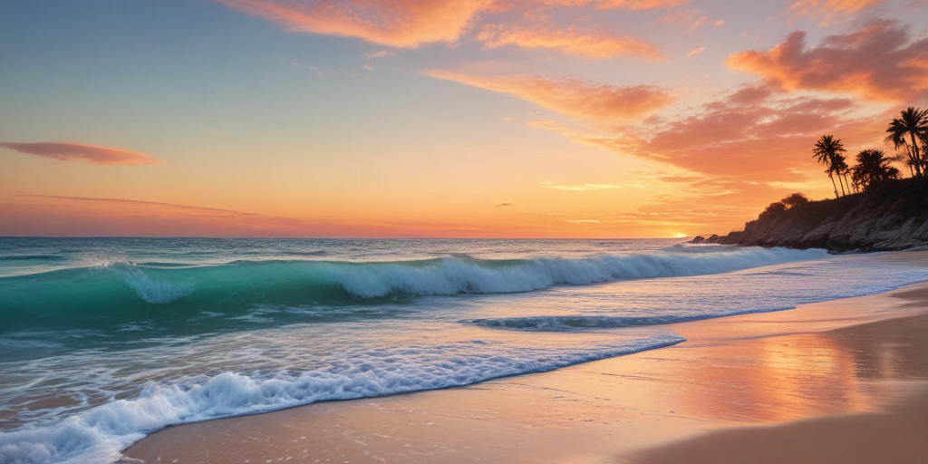 Stunning Sunset Over Calm Ocean Waves and Serene Beach Landscape