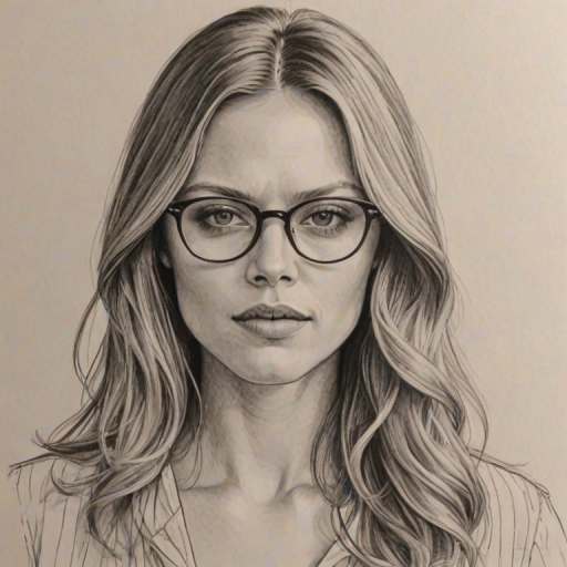 Exquisite Tracy Spiridakos, pencil sketch, portrait of Beauteous woman 1972s in glasses, hair style beatnik, outline, clear lines, fine lines, 8k