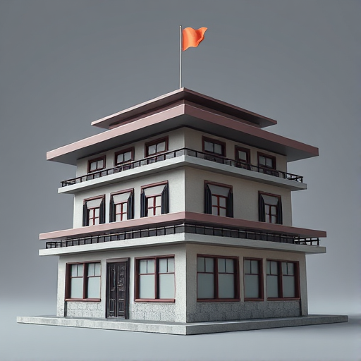 Create a high-resolution 3D rendering of a stylized building with a flat roof and multiple layers, featuring a flag on top, using a DSLR camera with a 50mm lens at f/8 aperture, ISO 200, and a focal length of 50mm, shot from a low angle for dramatic effect.
