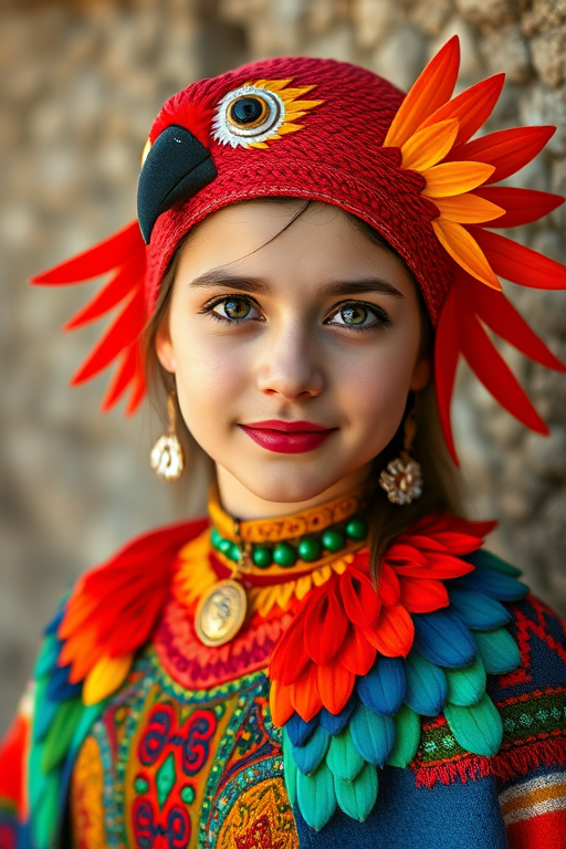 A beautiful Turkish girl, wearing colorful bird clothing with vibrant colors