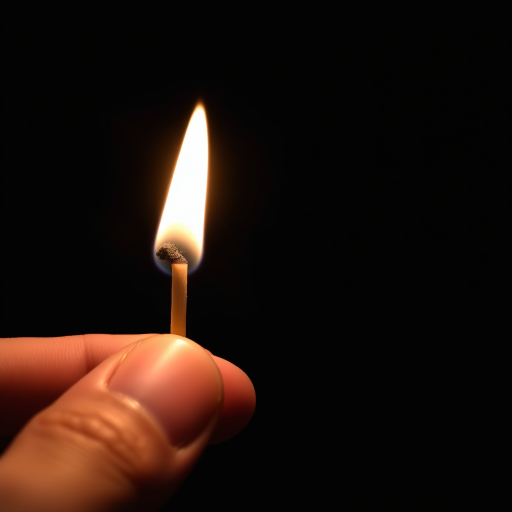 Capture a close-up of a hand holding a lit matchstick against a dark background, with focus on the flame and smoke detail, using a DSLR camera at f/2.8, ISO 100, shutter speed 1/200s, in macro style photography.