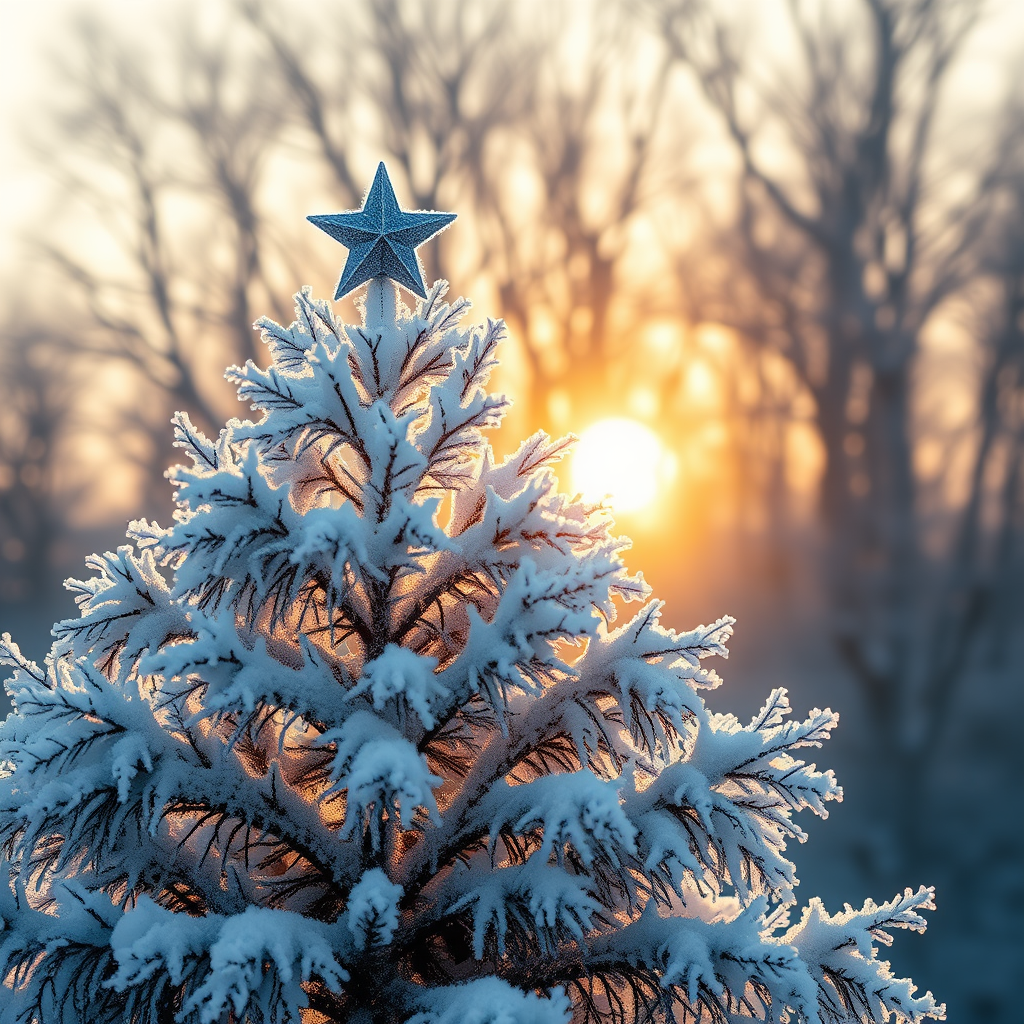 Create a high-resolution winter scene featuring a frosty tree with a star on top, soft sunlight filtering through the branches, captured with a Canon EOS 5D Mark IV, 50mm lens, f/1.8 aperture, ISO 100, in the golden hour light, with a focus on detailed textures of the snow and tree.