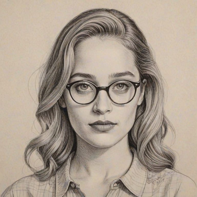 Superb Jemima Kirke, pencil sketch, portrait of Charming woman 1956s in glasses, hair style beatnik, outline, clear lines, fine lines, 8k