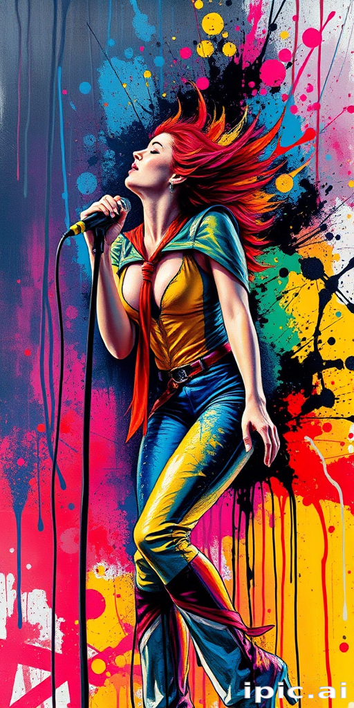 A dynamic Color Fusion image.  Visceral splashes and drips of paint coalesce into a dynamic, pulsating of a supersinger on stage.  color flashes  around her. This style emphasizes  using bold contrasting colors and dynamic color mixing techniques. It focuses on creating energetic and vibrant pieces through spontaneous blending.