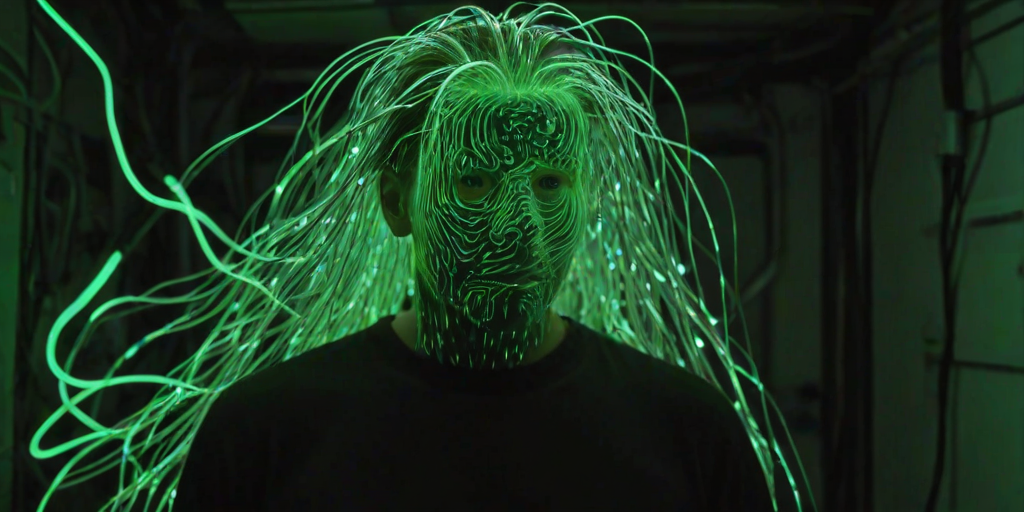 man completely covered in luminescent fiber-optic hairs in an environment that seems to be made of electrical circuits