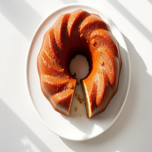 a freshly baked bundt cake on a white plate with a slice removed, shot in natural light, top view, aperture f/2.8, shutter speed 1/60s, ISO 200, DSLR with a 50mm lens