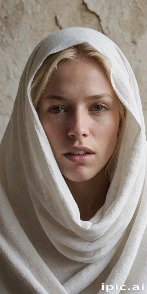 Create a close-up photographic image of the head and torso of a person with light skin tones shown against an old, worn wall. Their head is wrapped in a white cloth covering (i.e.... parts of the head except the nose and mouth, which are open as if they are screaming...), with a slight texture and visible folds in the fabric. Thin strands of blonde hair escape from the wrapping above, falling lightly at the top and sides. Their hands hold the fabric as if they are tugging nervously. The lighting is dramatic and even, casting strong shadows. The image has a minimalist and surreal style with an emphasis on simplicity with soft color tones. The composition is centered.