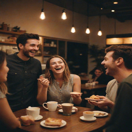 Blurry, candid photo of a group of friends laughing at a coffee shop, soft glow from overhead lights illuminating their faces, the smell of freshly brewed coffee and pastries filling the air.