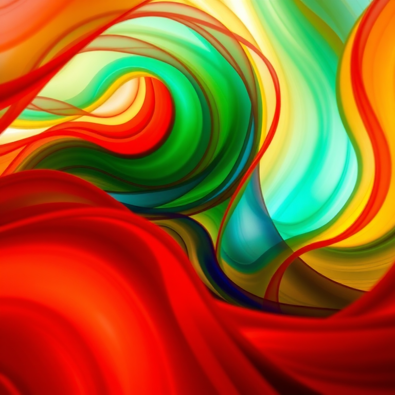 Generate a vibrant abstract image with flowing waves of red, green, blue, and yellow colors, using a Canon EOS R5 with a 50mm f/1.2 lens, shutter speed of 1/125s, ISO 100, natural light, and a low angle view to enhance texture and depth.