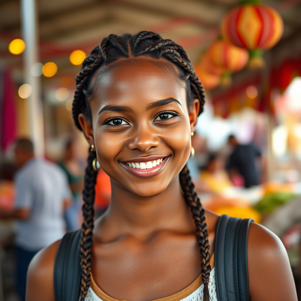 Portrait of a young woman with braided hair smiling in a festive outdoor market setting, shallow depth of field, aperture f/2.8, ISO 100, shutter speed 1/200s, taken with a Canon EOS R5, using a 50mm lens for a warm and soft background.