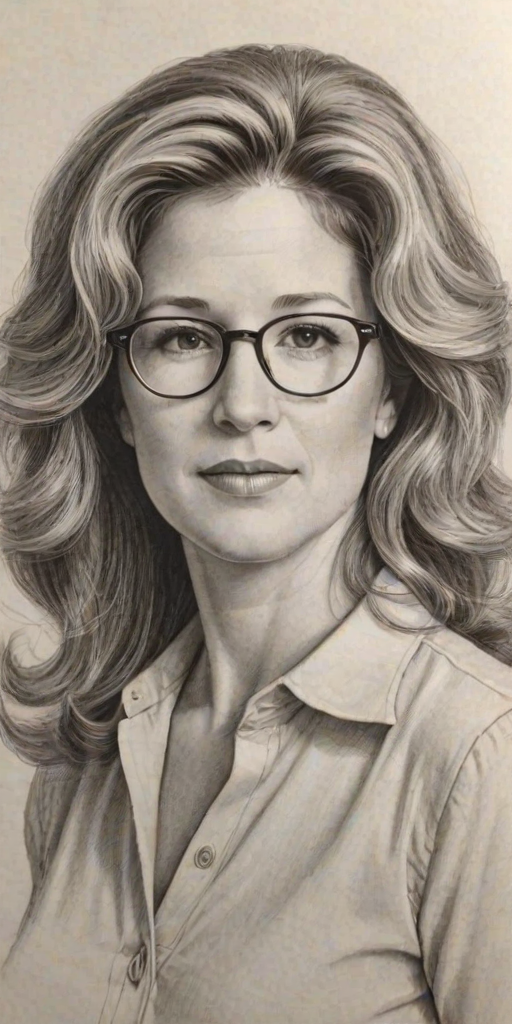 Pleasing Nancy Travis, pencil sketch, portrait of Radiant woman 1973s in glasses, hair style beatnik, outline, clear lines, fine lines, 8k