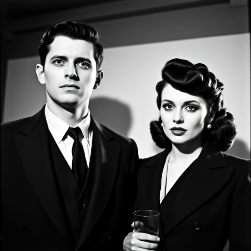 Black-and-white photograph, couple, tailored suits, retro hairstyles, film noir style, Tilt the camera for a dynamic Dutch angle using a versatile 24-70mm lens