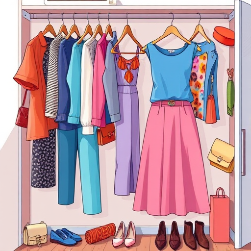 Create a high-resolution illustration of a stylish wardrobe with various clothing items including a blue top, a pink skirt, and accessories, captured with a DSLR camera at f/2.8 aperture, ISO 100, 50mm lens, in a well-lit setting focusing on soft shadows and vibrant colors.