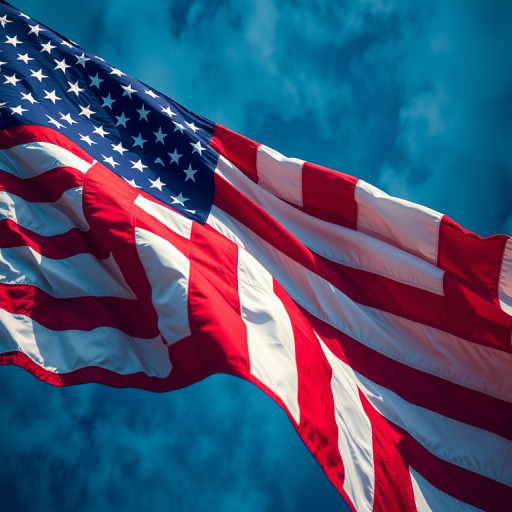 Create a vibrant, textured image of the American flag waving with a dynamic background; use a DSLR camera, 50mm lens, f/8 aperture, ISO 100, shutter speed 1/125 sec, overhead view, capturing rich colors and intricate details.