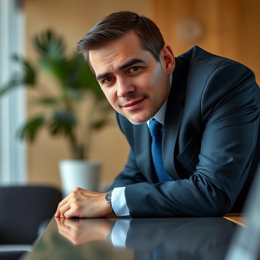 A professional man in a suit leaning over a table with a confident posture, captured in high resolution with a 50mm lens, f/2.8 aperture, ISO 100, natural lighting, shot from an eye-level angle using a DSLR camera.