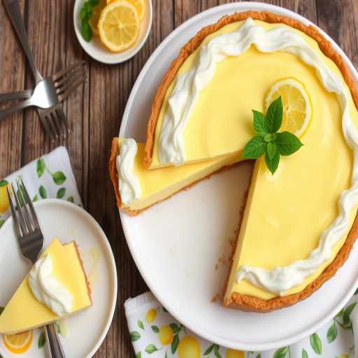 A delicious lemon cream pie with a smooth yellow filling and fluffy white topping is beautifully presented on a white plate. The pie is garnished with a slice of lemon and fresh green leaves. A piece of the pie has been cut, showcasing the layers. Nearby, there are two forks and a small plate with lemon slices, along with a decorative cloth featuring lemon and green leaf patterns. The background has a rustic wooden texture, enhancing the inviting appearance of the dessert.