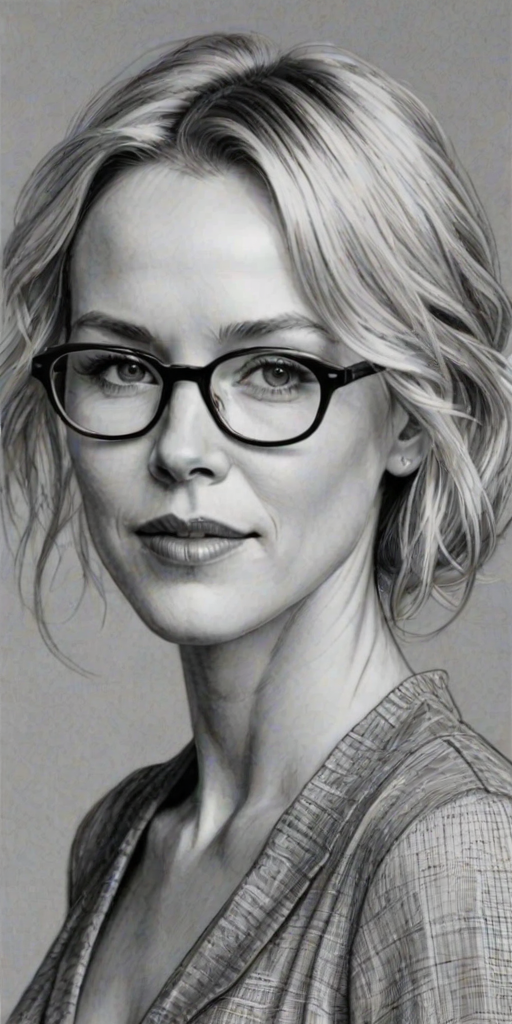 Attractive Naomi Watts, pencil sketch, portrait of Ravishing woman 1920s in glasses, hair style beatnik, outline, clear lines, fine lines, 8k