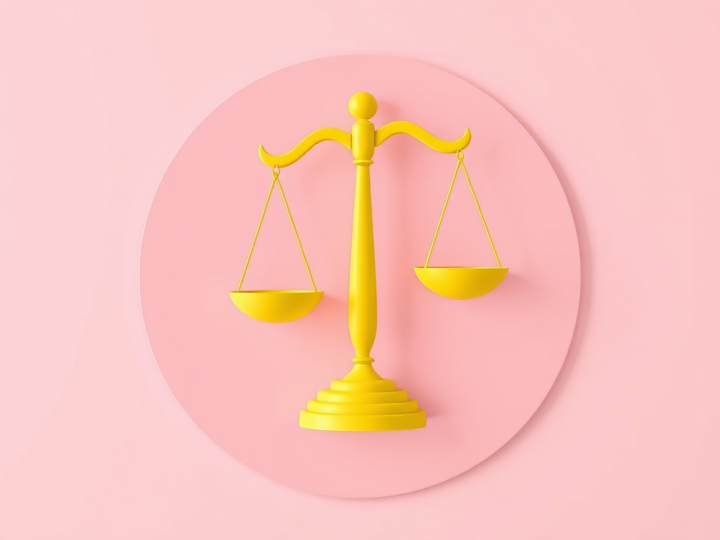 Create a high-resolution vector image of a balanced scale symbol in a smooth yellow color on a soft pink circular background, using a Canon EOS R5 camera with a 50mm lens, aperture set to f/2.8, ISO 100, captured from a frontal view with soft lighting for a polished look.