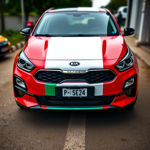 Create a high-resolution image of a Kia Seltos with the Mexican flag design covering the front, shot with a Canon EOS R5 at f/8, ISO 100, 1/250s, capturing a frontal view with a blurred background for depth.