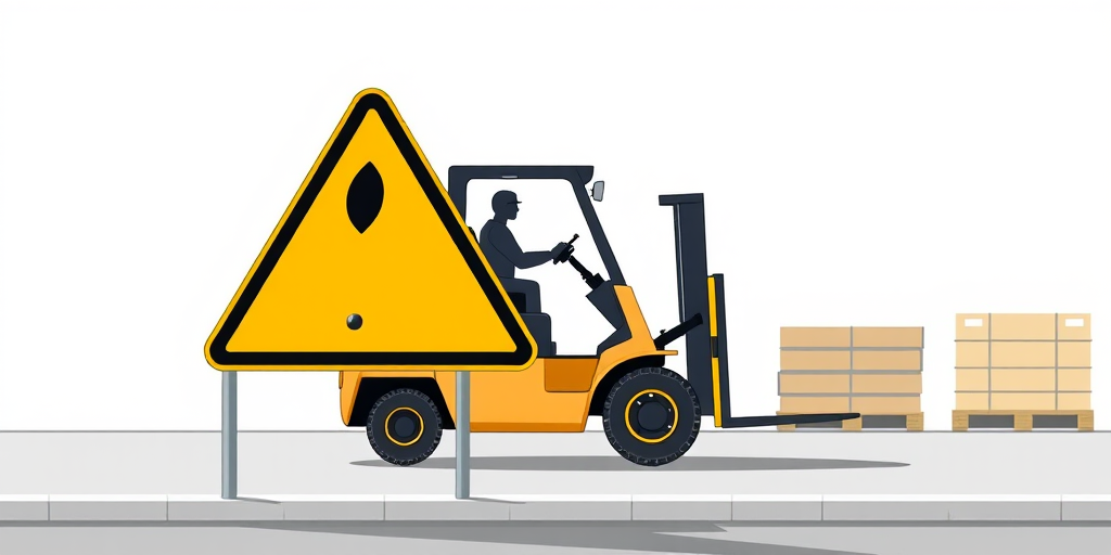 Create an illustration of a yellow triangular warning sign featuring a forklift with a driver in a minimalist style, using a high-resolution digital format, captured with a 50mm lens at f/8, 1/200s shutter speed, in natural lighting, from a slightly elevated angle for clarity.
