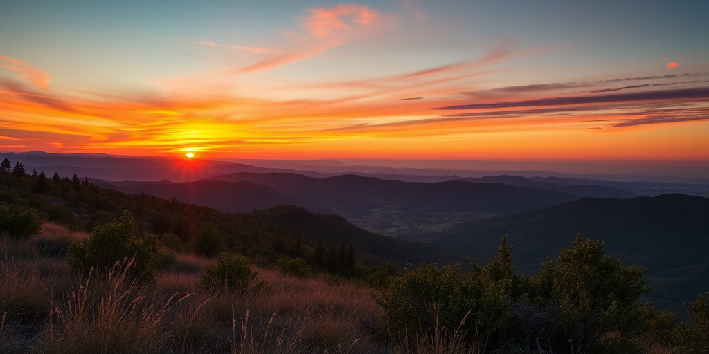 Generate a high-quality image of a serene landscape during sunset with vibrant colors, using a DSLR camera, aperture f/8, ISO 200, shutter speed 1/125 sec, in landscape orientation, with a focus on depth of field and natural lighting.