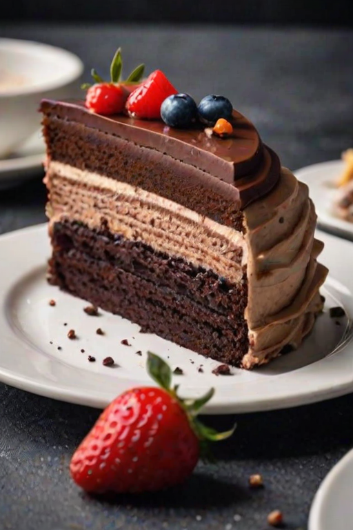 Generate an image of a slice of layered chocolate cake with creamy frosting and decorative toppings, placed on a simple white plate. The background should be dark and rustic, enhancing the rich colors of the cake.