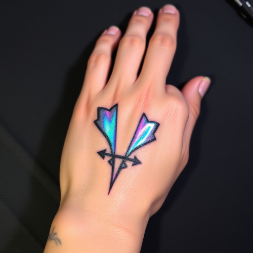 Holographic foil effect tattoo on the back of the hand, utilizing specialized ink and techniques to create a shimmering, color-shifting illusion that catches the light