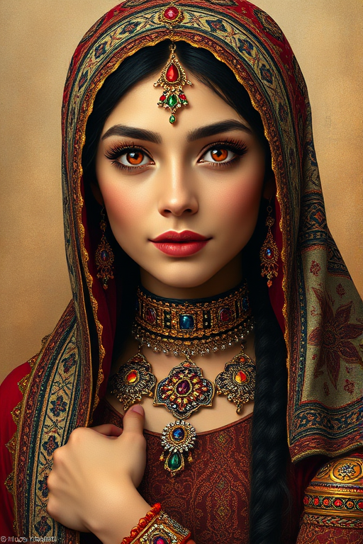 Create a portrait of a beautiful Sephardic woman with striking red eyes and a gentle expression. She is adorned in traditional attire with intricate patterns, including a richly embroidered headscarf and matching garments. Her jewelry includes a delicate headpiece, dangling earrings, and ornate bracelets, all featuring vibrant gemstones and detailed metalwork. The background is soft and warm, enhancing the rich colors of her outfit and jewelry.