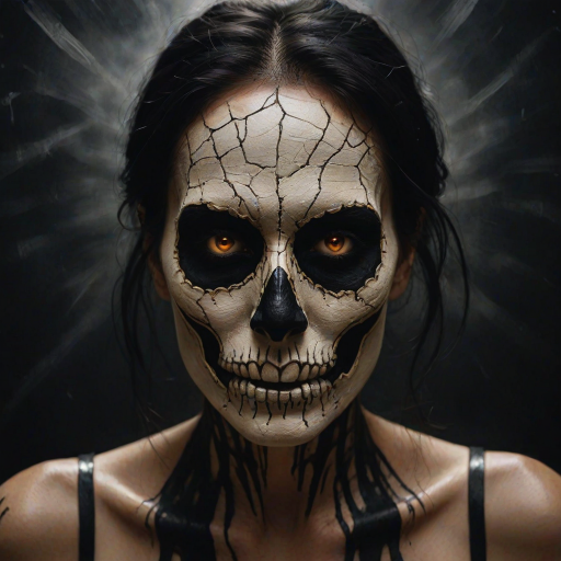 Create image featuring a close-up of a face painted like a skull. The skin is predominantly white with textured, cracked paint. The eye sockets are painted black, blending into the natural shadows of the eyes, creating a deep, hollow look. Bright, intense golden-yellow lights radiate from the eyes, casting a warm glow that contrasts with the cold, esoteric background. The nose is painted black in the shape of a spade. The mouth area features black lines extending from the corners, resembling a stitched effect. The face has sporadic black hair strands that frame it dramatically, adding to the eerie yet captivating feel. The background is blurred and dark, enhancing the focus on the face. Small, glowing orange embers are scattered sporadically across the image, contributing to the mysterious and magical atmosphere. The overall style is hyper-realistic with an emphasis on the contrast between light and dark elements, giving it an almost supernatural
