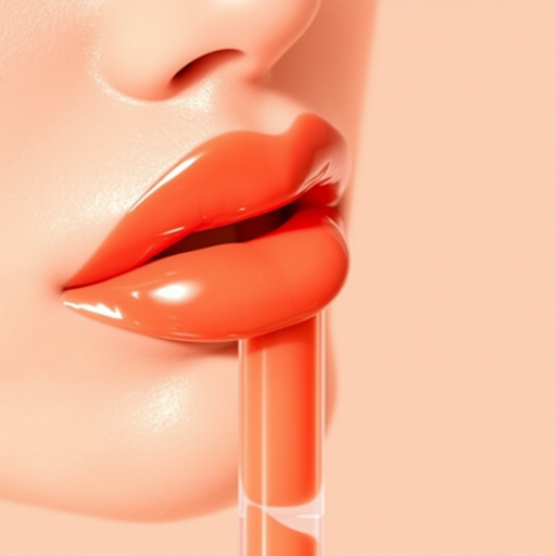 Glossy peach lips with a jelly texture, called "Nectar Delight," providing a juicy, translucent finish and a hydrating formula for a plump pout