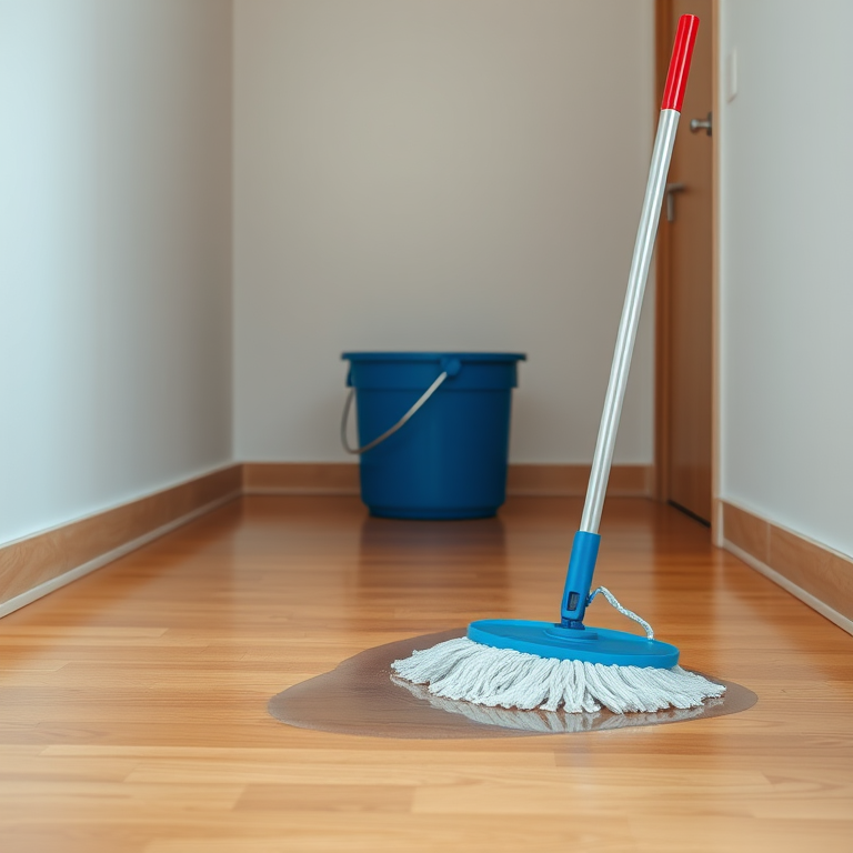 A clean room interior with a blue bucket, a mop with a red handle, and a puddle of water on polished wooden floor, captured from a slightly elevated angle using a Canon EOS R5 camera, with a 24mm f/1.4 lens, ISO 100, aperture f/5.6, and a shutter speed of 1/100 sec to enhance image clarity and detail.