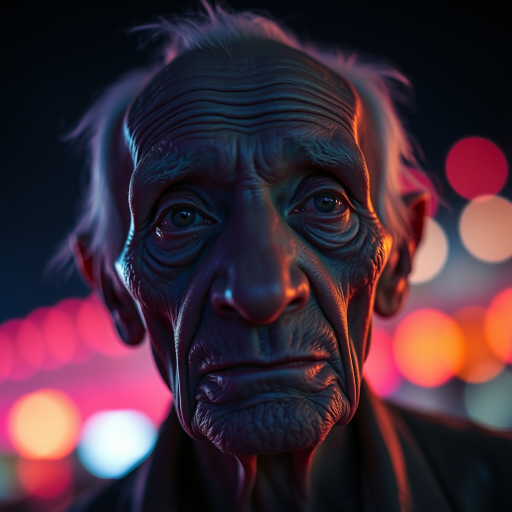 create a close-up perspective view fine art photography contemporary style of an elderly worn albino’s face with a soft, candid expression on a blurred sky black light background.Showcasing a modern style characterized by vibrant blacklight tones, using dramatic lighting and soft gradients to create a fine art atmosphere. The focus is on the light and facial features. motion light blur, neon backlit