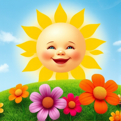 Create an image shows a bright, sun with a smiling baby's face in the center, radiating soft yellow rays. The sun is set against a clear blue sky with a few wispy clouds. Below, there's a lush green grassy hill with colorful, oversized flowers, giving the scene a whimsical, playful atmosphere.