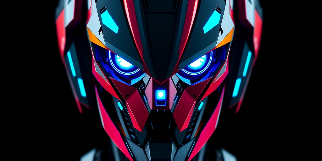 A futuristic robotic head design with vibrant colors and glowing blue eyes, featuring angular shapes and intricate details, captured in high resolution with a DSLR camera, 50mm lens, f/1.8 aperture, ISO 100, focusing on a shallow depth of field, using a softbox for even lighting, and a dark gradient background for contrast.