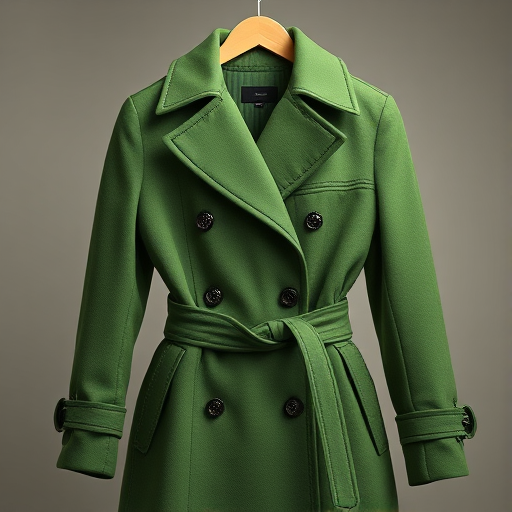 Create a digital illustration of a green double-breasted coat with a belt, showcasing detailed stitching and textures, captured with a Canon EOS R5 at f/2.8, 50mm lens, in a softly lit studio environment for enhanced image quality.