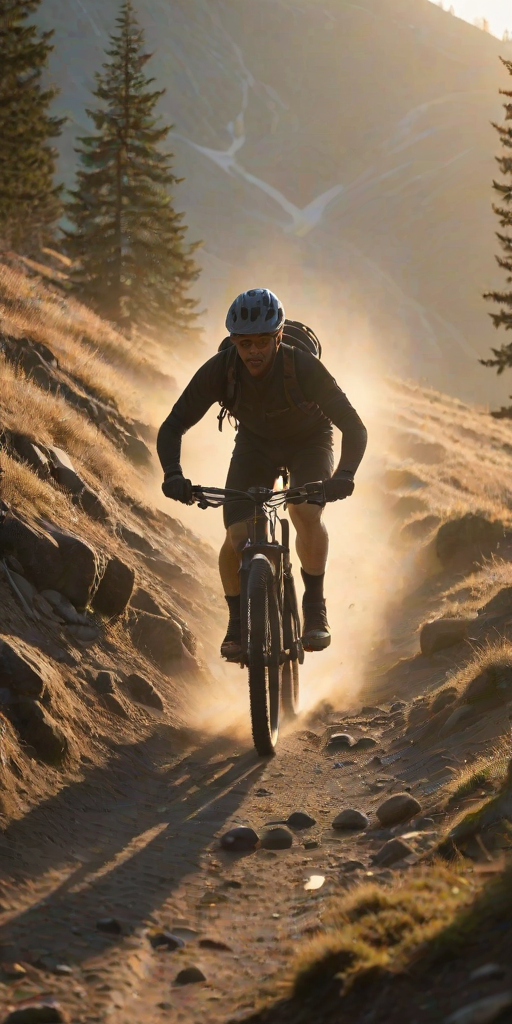 Blurry action shot of a mountain biker navigating a rocky trail at sunrise, soft golden light casting long shadows on the ground, with distant peaks barely visible through the morning mist.