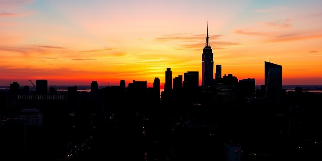 generate a vibrant city skyline silhouette frame with a square center, high resolution, f/8 aperture, ISO 100, 24mm lens, wide-angle view, digital camera style