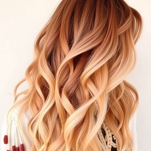 Bohemian desert sunset ombre flowing from warm terracotta to soft peach, styled in tousled beach waves with macramé-inspired braids