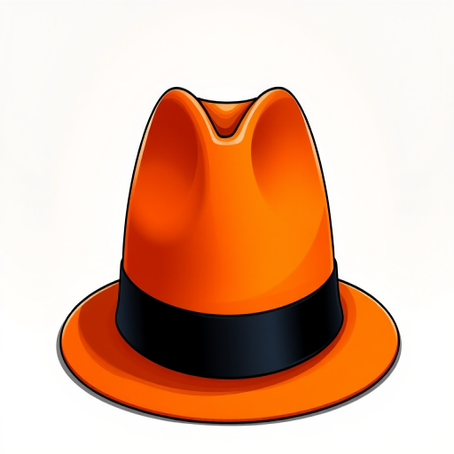 Create a vibrant illustration of an orange fedora hat with a black band, using a 50mm lens, f/1.8 aperture, ISO 100, in a studio setting with softbox lighting, captured in a digital format to enhance color richness and detail.