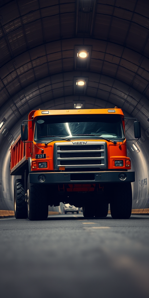 High-resolution image of an orange dump truck in a dimly lit tunnel, shot with a DSLR camera, 50mm lens, f/1.8 aperture, ISO 400, using a low angle perspective to emphasize the vehicle's size and detail, with soft lighting to enhance textures and shadows.
