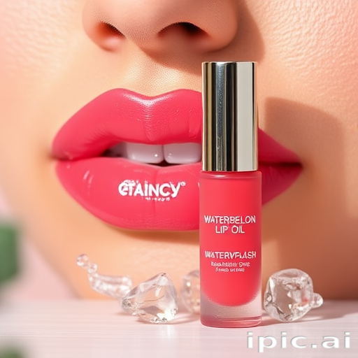 Refreshing "Watermelon Splash" lip oil combining nourishing ingredients with a juicy tint of color, leaving lips looking plump, healthy, and naturally enhanced