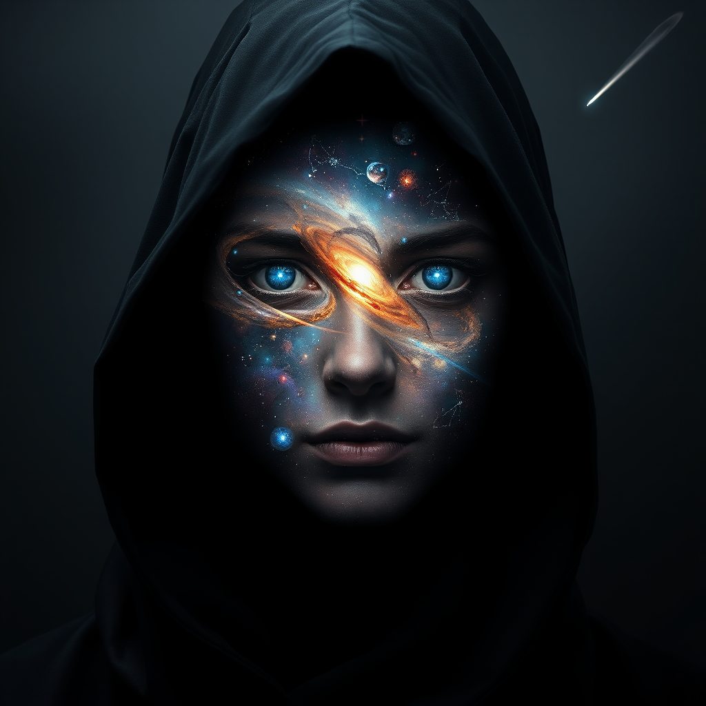A mysterious hooded figure stands silently, the dark cloak flowing around them like shadows. Beneath the hood, their face is a mesmerizing cosmic scene where swirling galaxies, radiant stars, and vibrant planets form the features. Nebulas drift where eyes should be, glowing softly, while delicate streaks of cosmic energy trace the outlines of a nose and lips. Comets streak across the vastness of their face, and faint constellations pulse with life. The entire visage shifts and evolves as if the universe itself is contained within the figure, giving an ethereal, otherworldly presence to their form.