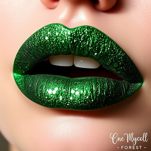 Glittery emerald green lips with a sparkling finish, dubbed "Enchanted Forest," display a daring color choice and multi-dimensional shimmer for a magical appearance