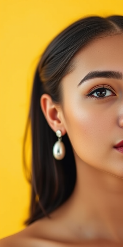 portrait of a woman wearing unique silver earrings against a vibrant yellow background, shallow depth of field, natural light, 50mm lens, f/1.8 aperture, ISO 100, soft focus effect