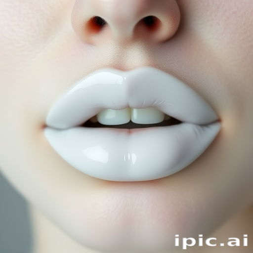 Opaque white lips with a ceramic-like finish, avant-garde and artistic, pushing the boundaries of conventional beauty