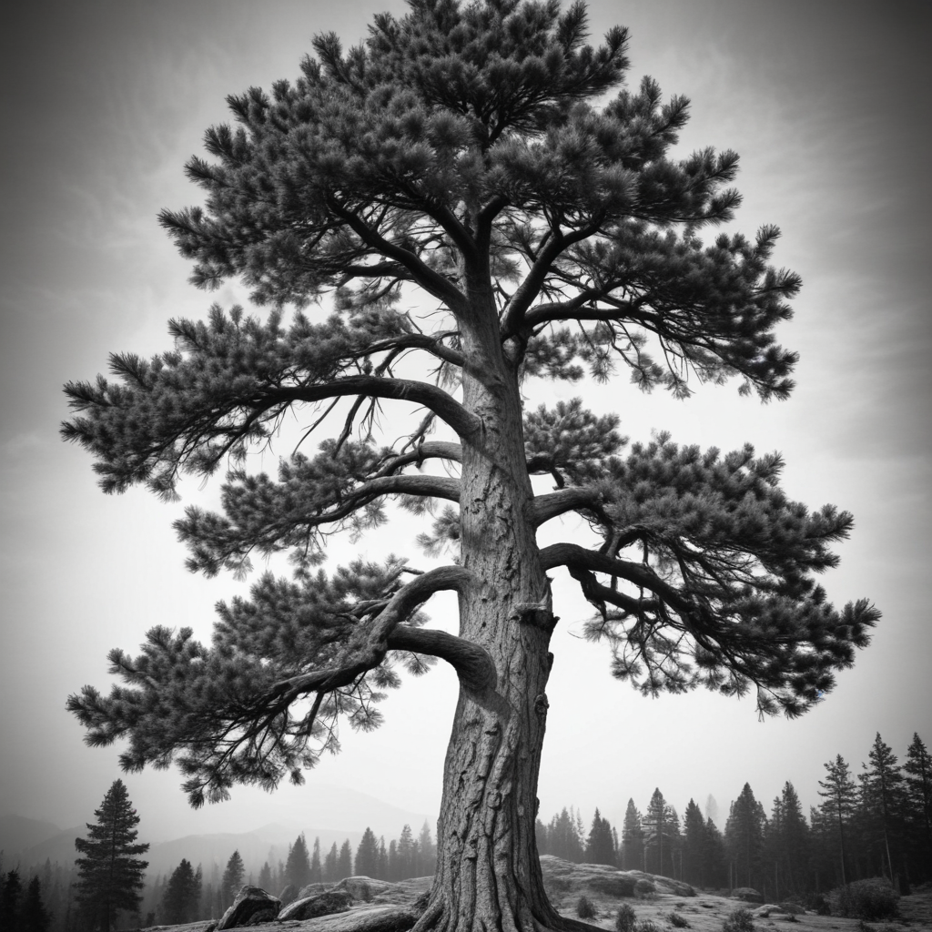 Majestic Pine Tree Standing Tall Against a Dramatic Black and White Sky