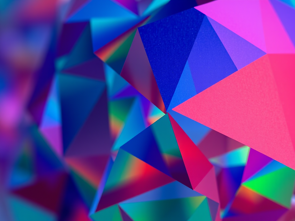 create a vibrant abstract image with a mix of blue, red, and green triangles, captured with a Canon EOS R5, aperture f/8, shutter speed 1/125s, ISO 200, using a macro lens for enhanced detail and texture.